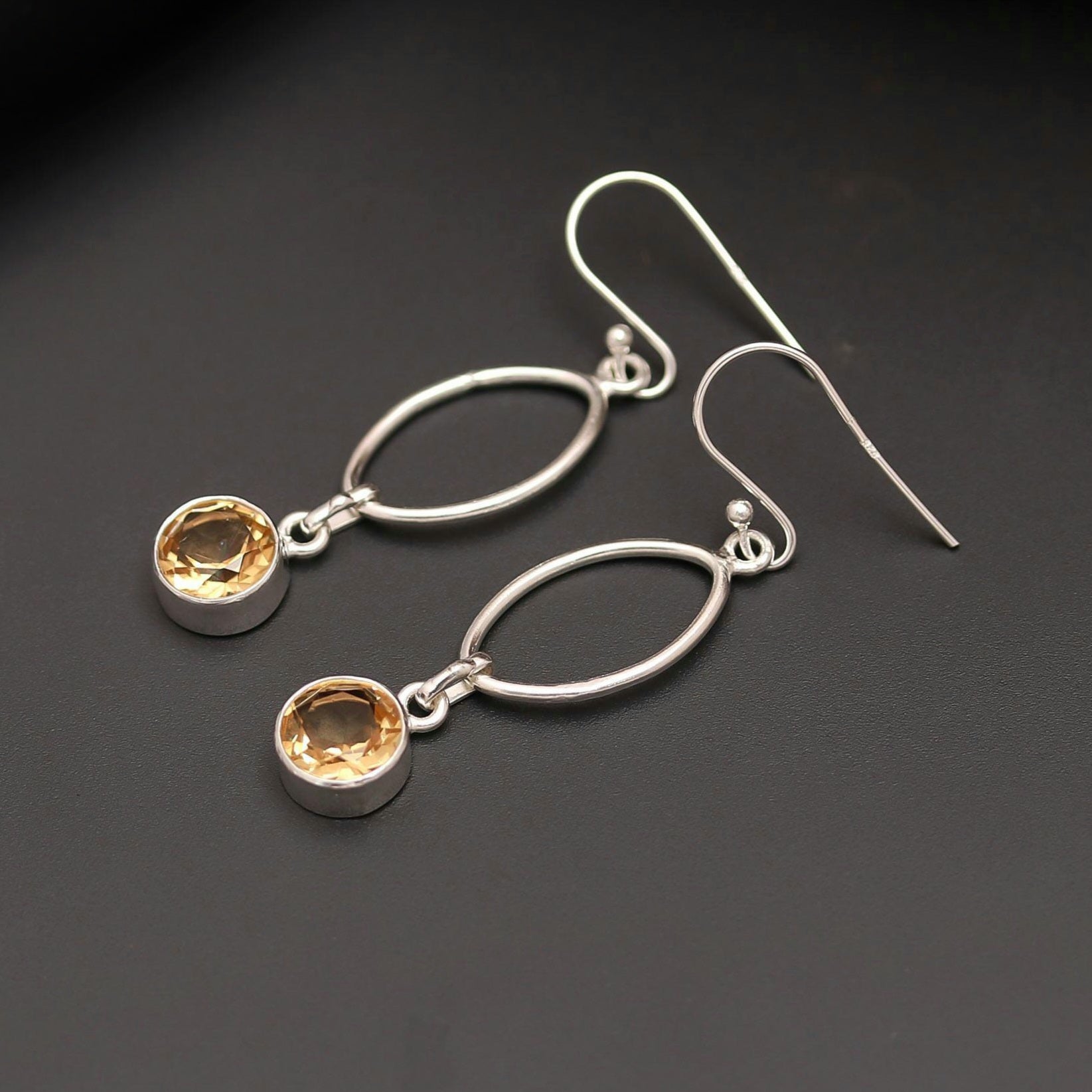 Round Citirine Silver Earrings