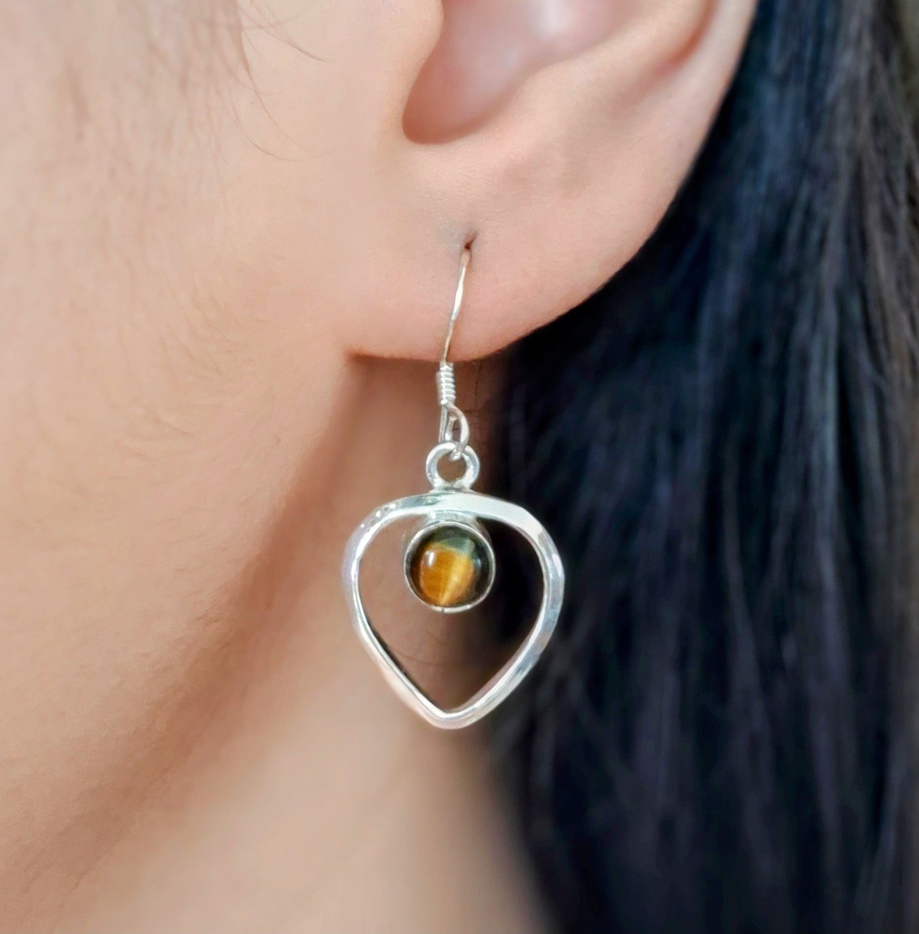 Heart Tiger Eye Silver Earrings