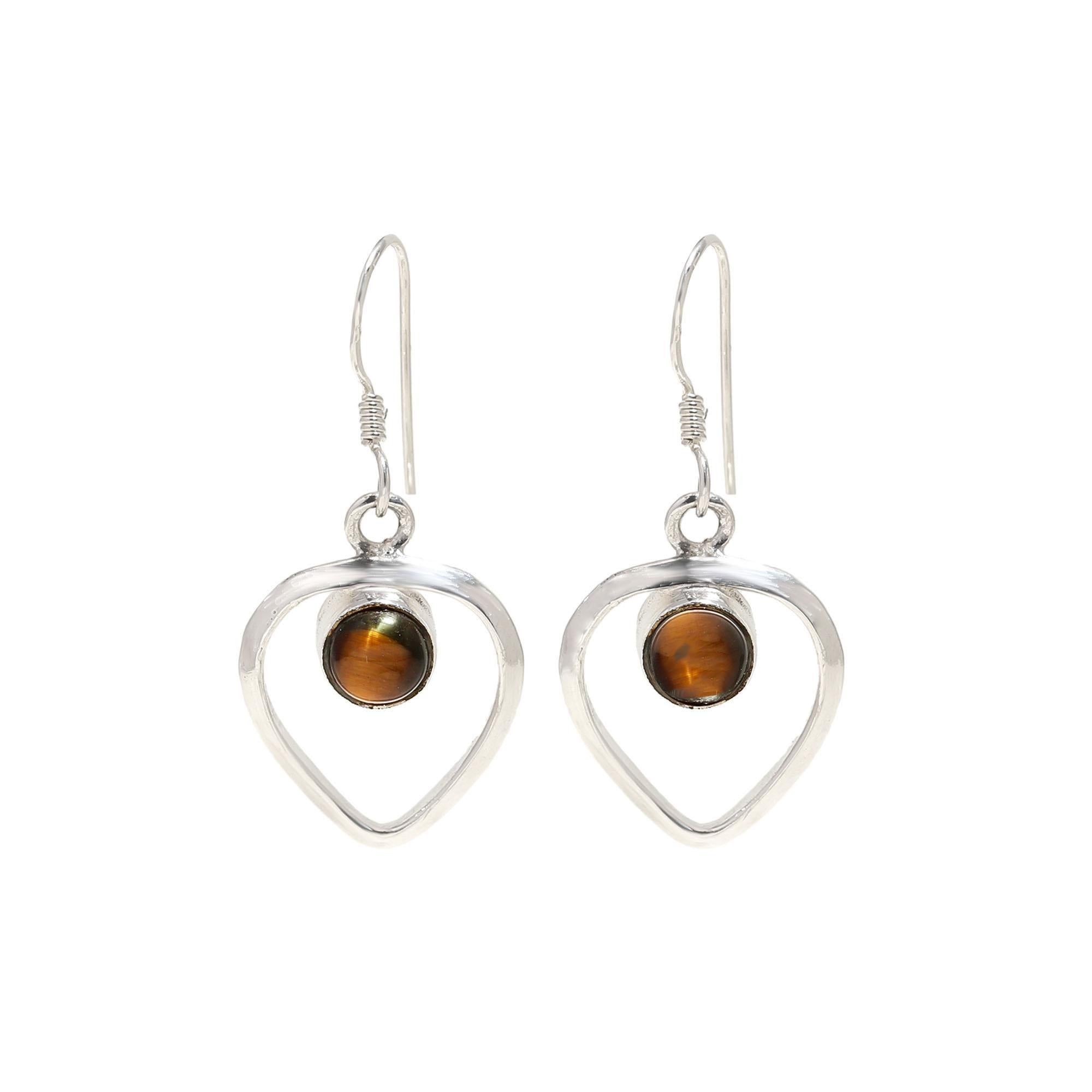 Heart Tiger Eye Silver Earrings