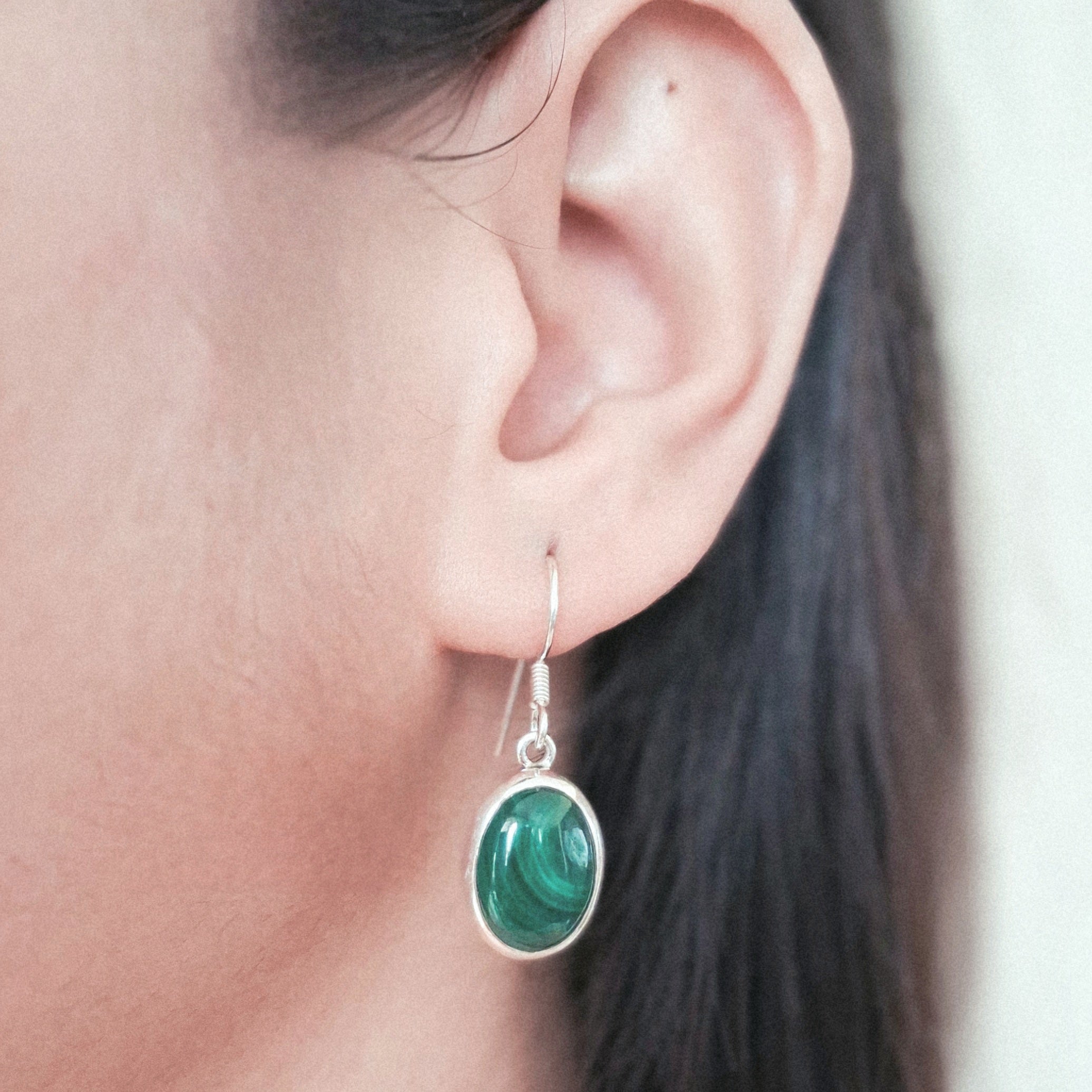 Green Melachite Oval Silver Earrings.