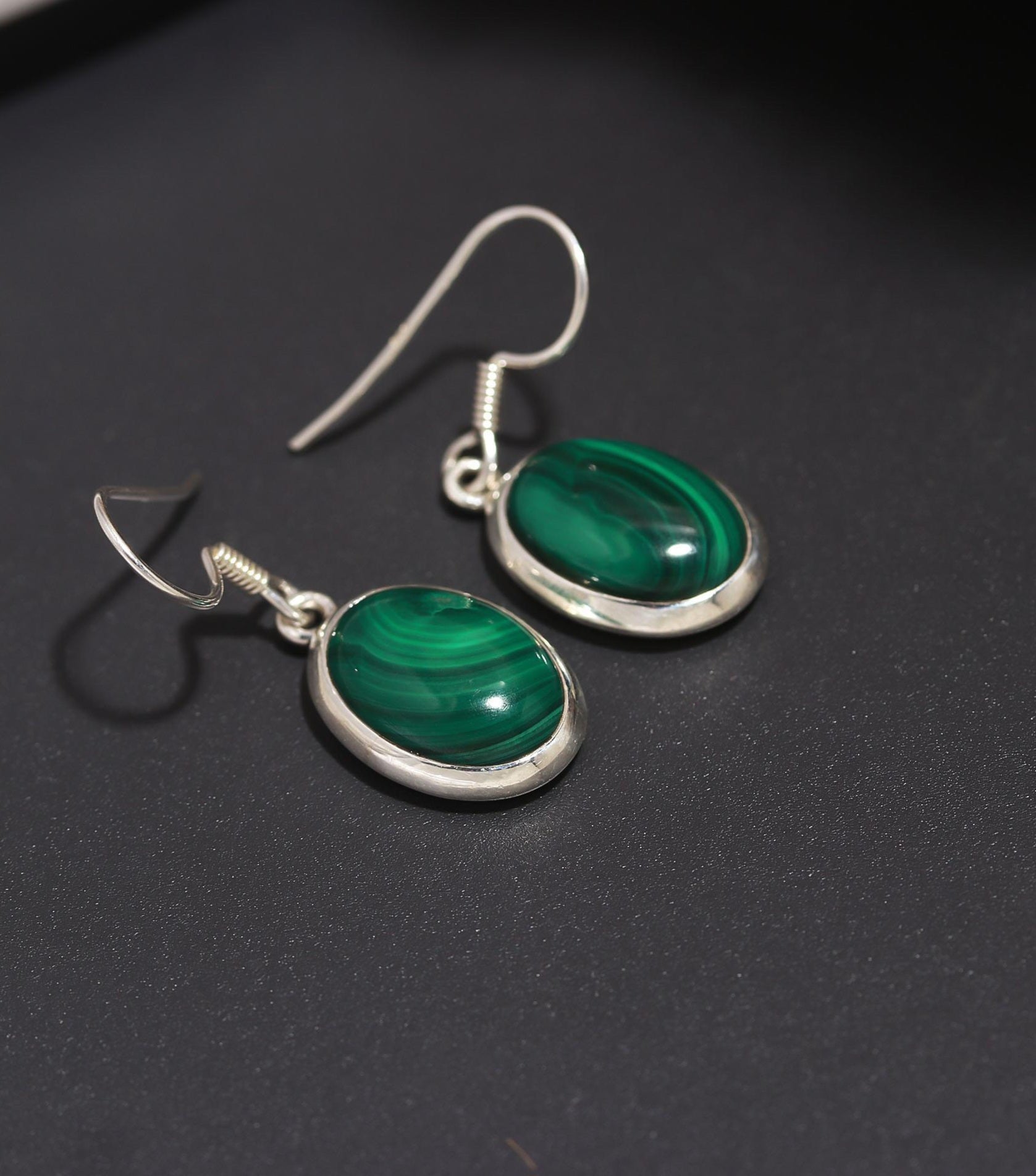 Green Melachite Oval Silver Earrings.