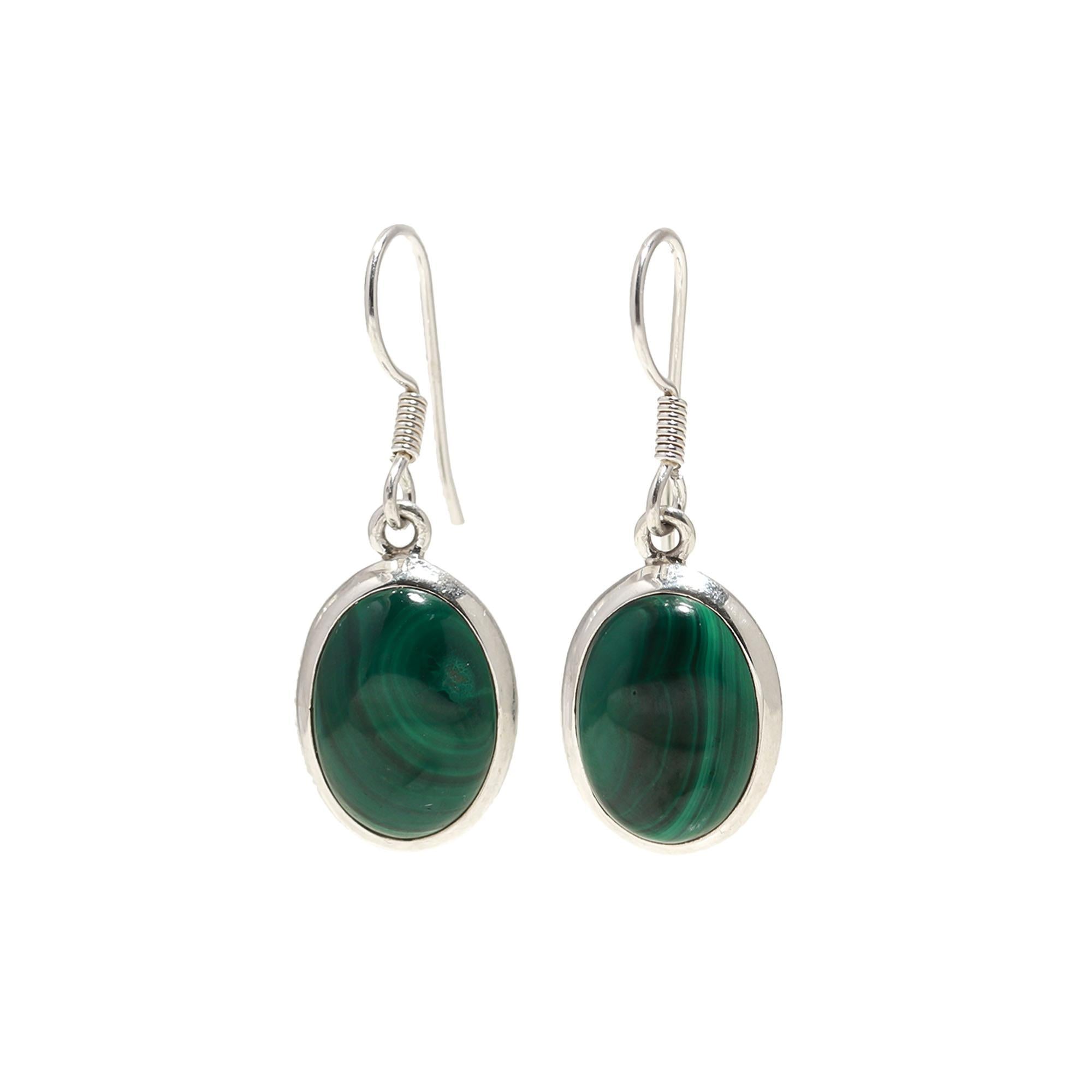 Green Melachite Oval Silver Earrings.