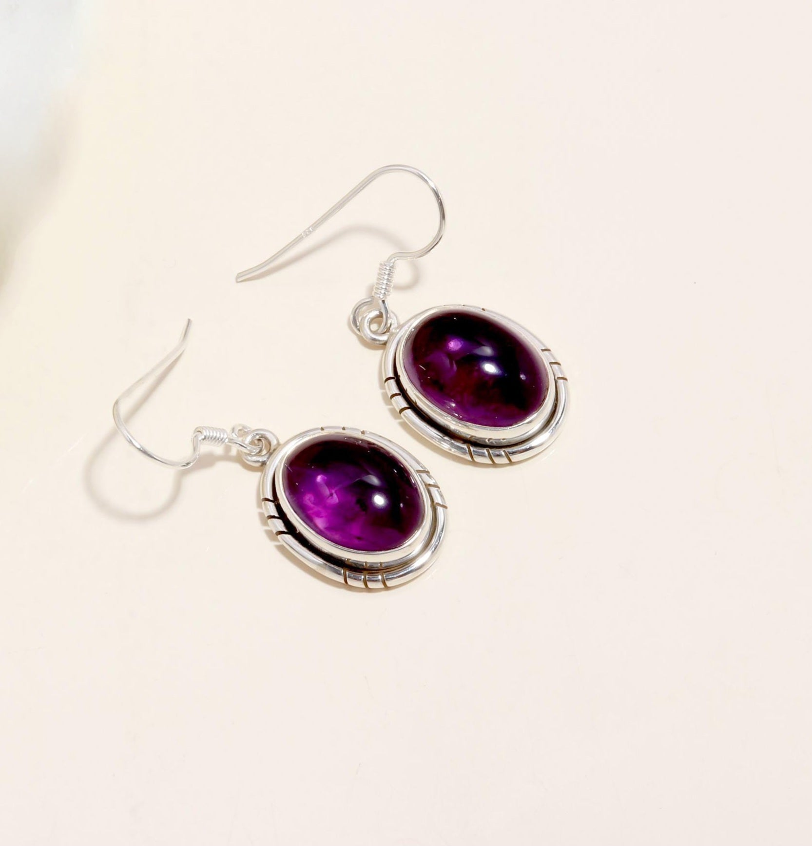 Amethyst Oval Silver Earrings.
