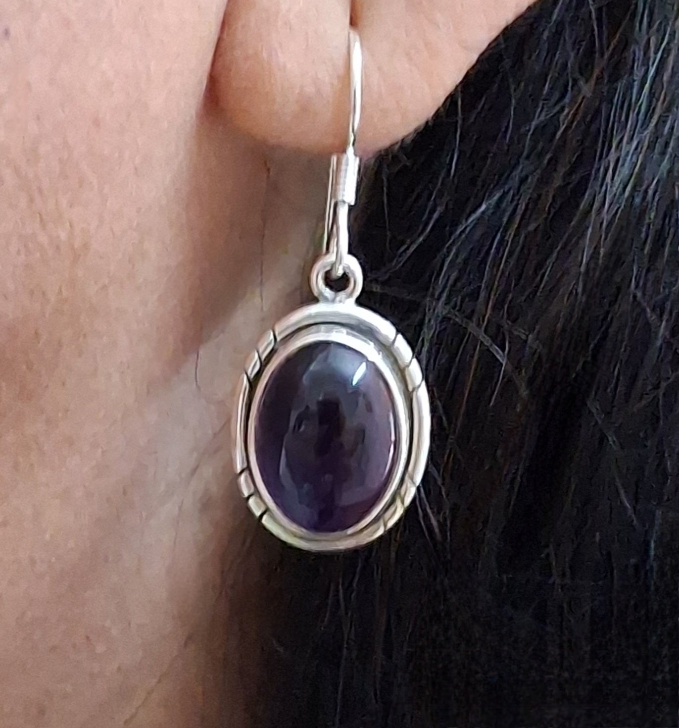 Amethyst Oval Silver Earrings.
