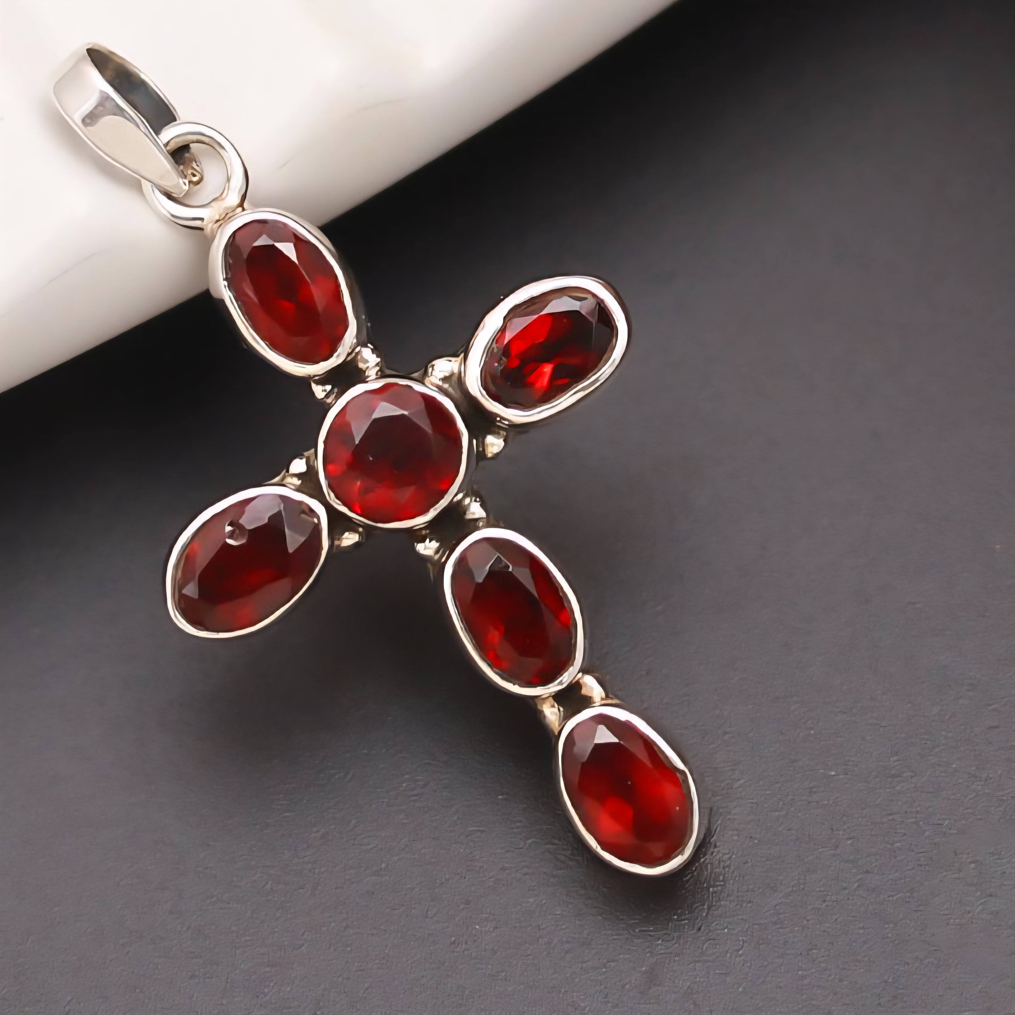 Garnet Cross Silver Pendant.