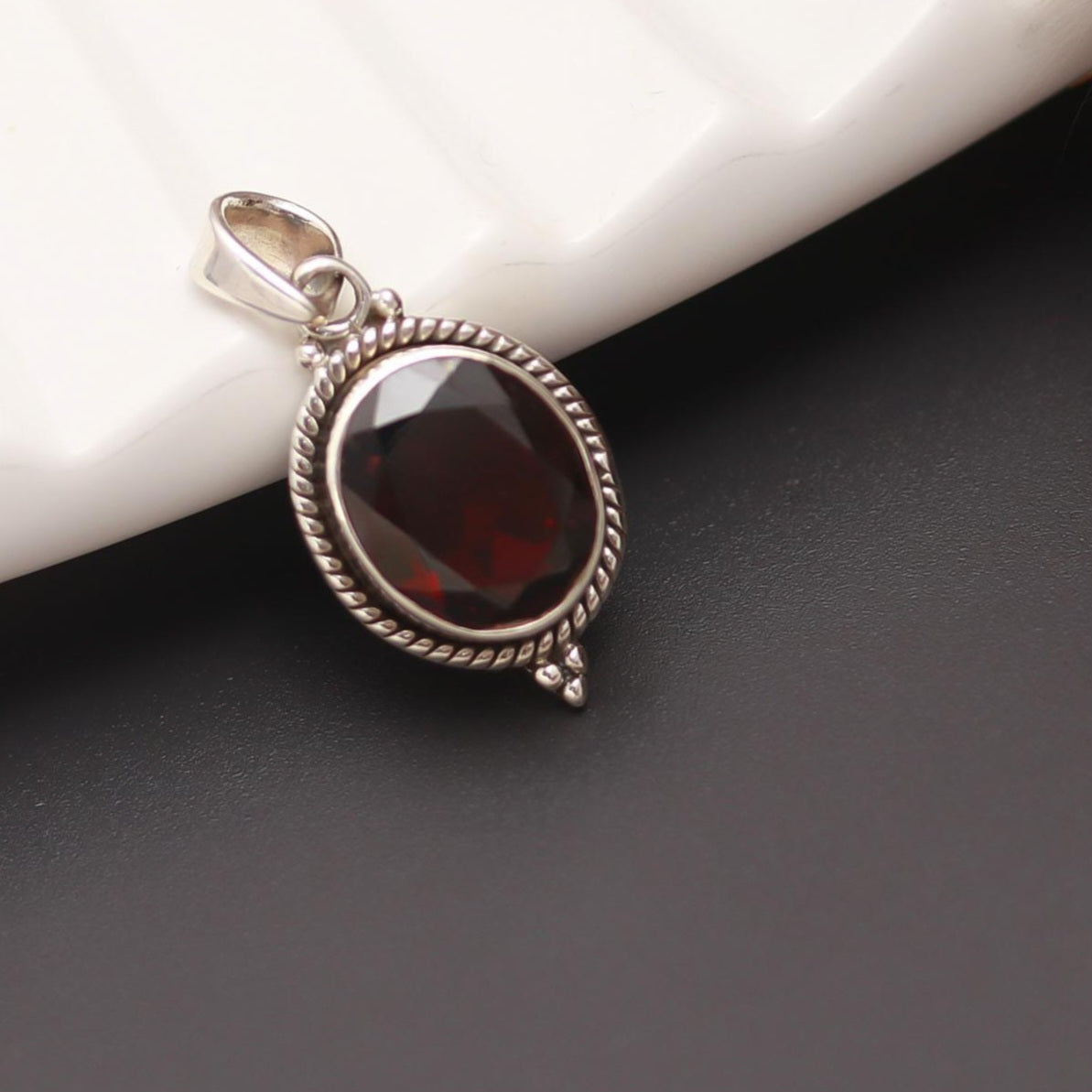 Garnet Oval Silver Pendant.